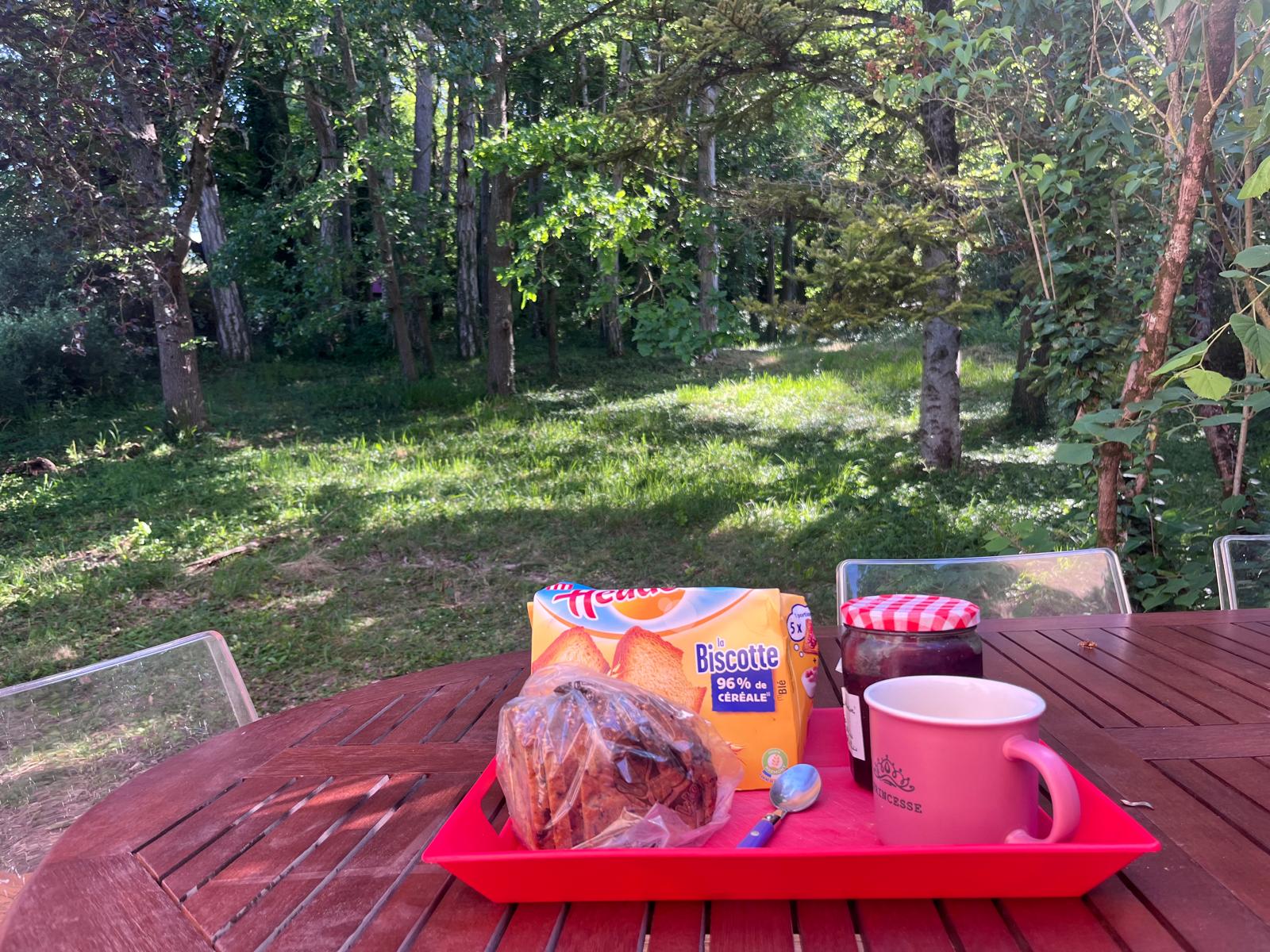 Petit-déjeuner sur la terrasse face au jardin